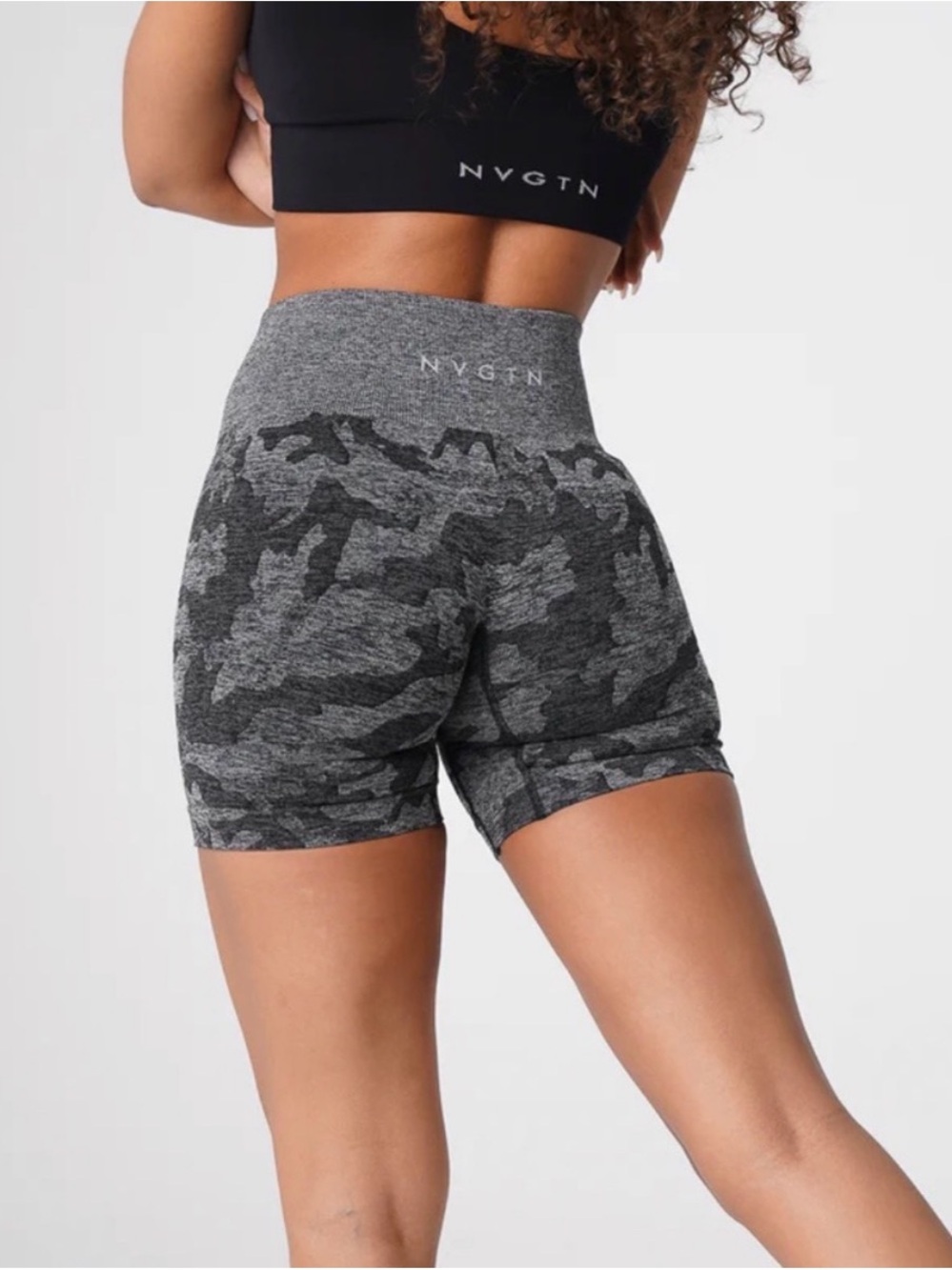 NVGTN Camo Seamless Shorts Grey Black Medium High Rise Workout Biker Gym M